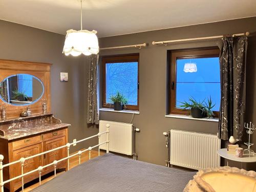 a bedroom with a bed and a sink and windows at Les Pierris in La-Roche-en-Ardenne