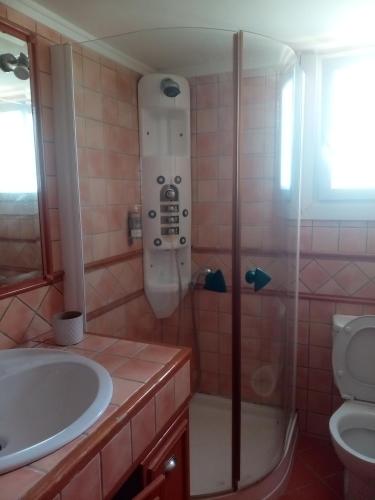 a bathroom with a shower and a sink and a toilet at Nymfes Villas in Porto Heli