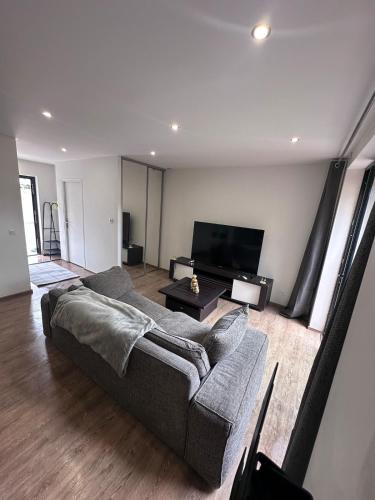 un salon avec un canapé et une télévision à écran plat dans l'établissement Apparemment calme proche Aix-les-Bains, à Sonnaz