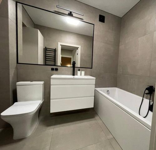 a bathroom with a sink and a toilet and a mirror at Uzhhorod Apartment Lux in Uzhhorod