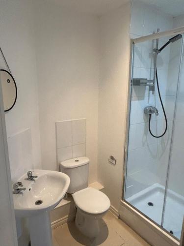 a bathroom with a toilet and a sink and a shower at 2 Bed 2 Bathroom Apartment central location in Oldbury