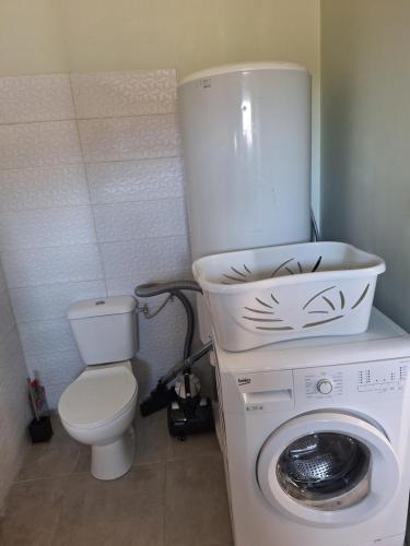 une salle de bain avec machine à laver et toilettes dans l'établissement La renaissance, à Lesparre-Médoc