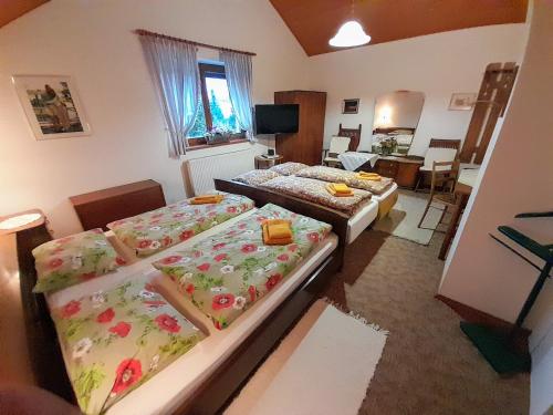 a room with three beds in it with a room with a room at Ubytovanie Clematis in Trenčianske Teplice