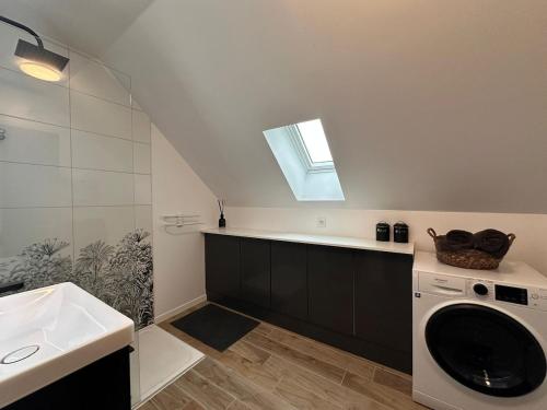 une salle de bain avec un lavabo et une machine à laver dans l'établissement L'atelier des rêves 8 personnes, à Amiens