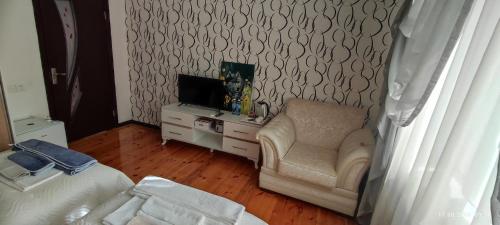 a living room with a chair and a television at Kuki dom Ganja in Bagbanlar