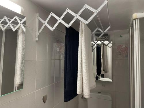 La salle de bains est pourvue d'un porte-serviettes au-dessus des toilettes. dans l'établissement Bienvenue au Palace Riviera, à Menton