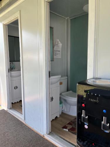 a bathroom with a toilet and a mirror at North Shore Glamping Camping Laie, Oahu, Hawaii in Laie