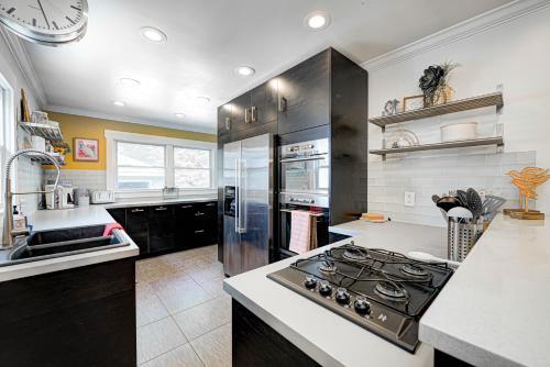 a kitchen with black cabinets and a stove top oven at Broad Ripple Getaway, Hot Tub, King Bed, Walk to Shops, Bike the Monon in Indianapolis