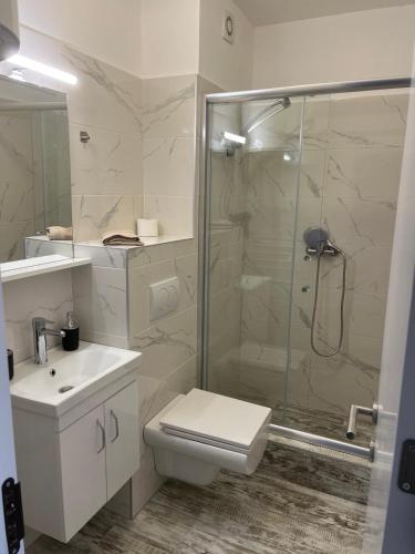 a bathroom with a shower and a toilet and a sink at Vila Leona E3 in Divčibare