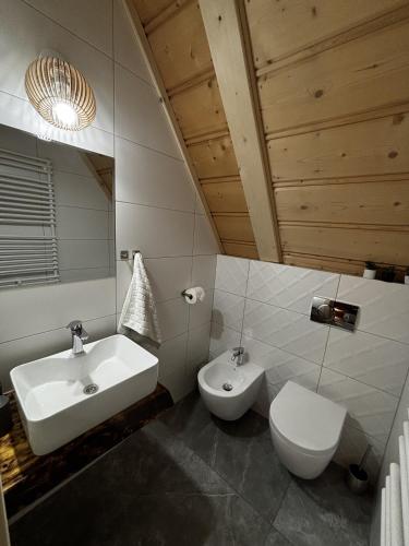 a bathroom with a sink and a toilet and a mirror at Witowianskie Domki Private Jacuzzi & Mountain View near Zakopane in Dzianisz