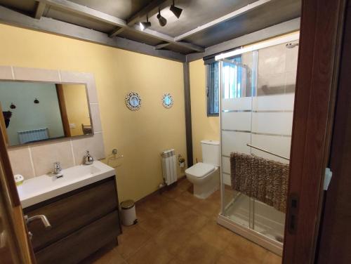a bathroom with a sink and a toilet and a mirror at Casa rural Ca l'Antón in Sant Miquel de Campmajor