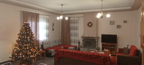 a living room with a christmas tree in it at Gamila Sunrise in Konitsa