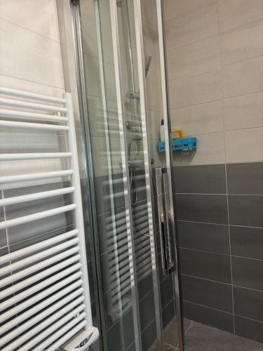 une douche avec une porte vitrée dans une salle de bain dans l'établissement Duplex 2 chambres proche tram, à LʼÉtang-la-Ville