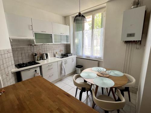 une cuisine avec une table et des chaises dans une cuisine dans l'établissement Appartement paisible, à Villeurbanne
