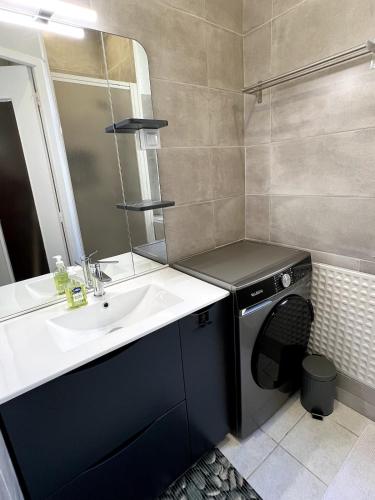 une salle de bain avec un lavabo et une machine à laver dans l'établissement Appartement paisible, à Villeurbanne