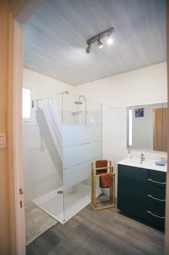 une salle de bain avec une douche en verre et un lavabo dans l'établissement Belle maison sur un air de campagne, à Montauban