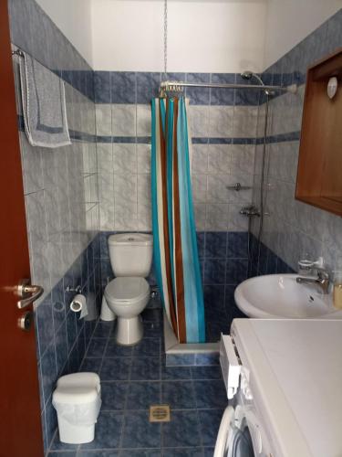 a bathroom with a toilet a sink and a shower at Vegera Apartment M in Vasilikiádhes