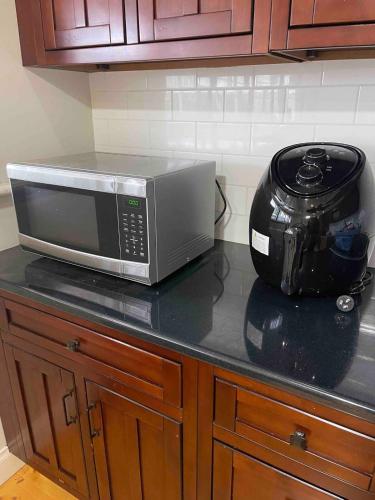a microwave sitting on top of a counter with a blender at Schillington Cottage in Mildura