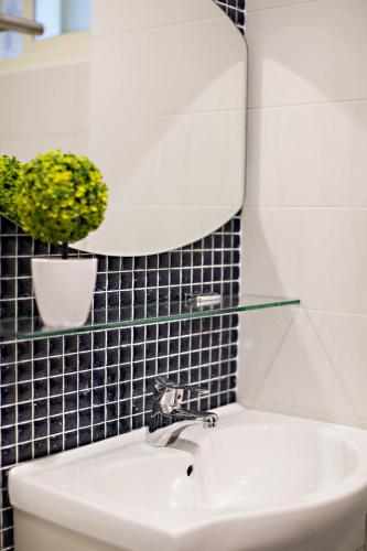 a bathroom with a sink and a mirror and a plant at Success 66 B&B in Taitung City