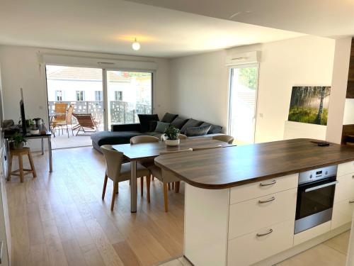 une cuisine et un salon avec une table et un canapé dans l'établissement Large apartment with air conditioning, terrace and parking, à Montpellier