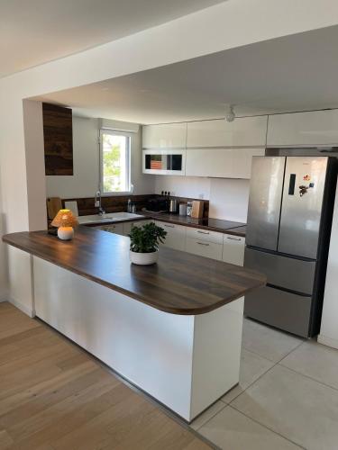 une grande cuisine avec un comptoir en bois dans l'établissement Large apartment with air conditioning, terrace and parking, à Montpellier