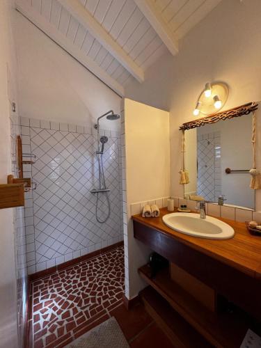 a bathroom with a sink and a shower at Villa Douceur & Spa Piscine & Jacuzzi privés - proche plage in Saint-François