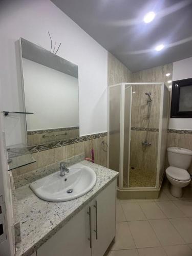 a bathroom with a sink and a shower and a toilet at Al Saraya Sahl Hashish Serenity Chalet in Hurghada