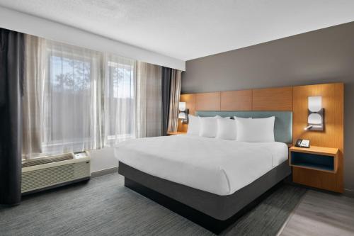 a hotel room with a large bed and windows at Country Inn & Suites by Radisson, Near The National Sports Center, Coon Rapids, MN in Coon Rapids