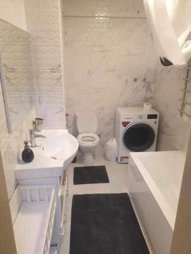 a white bathroom with a toilet and a sink at Ботаника , парк долина роз аеропорт in Chişinău