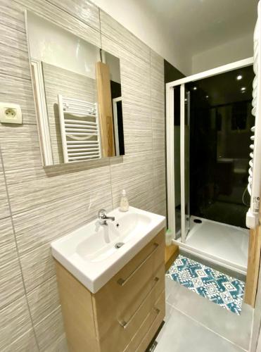 une salle de bain avec un lavabo, une douche et une baignoire dans l'établissement Appartement ILIOS Cannes, au Cannet