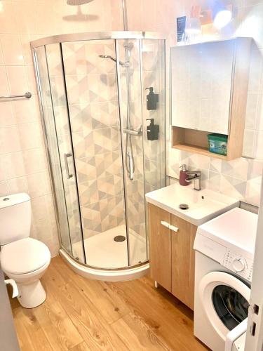 a bathroom with a shower and a toilet and a sink at Studios - Menton Old Town - near the beach and shops in Menton