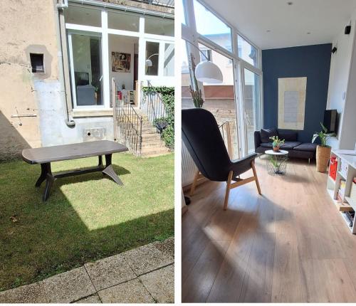 two pictures of a living room with a table and a chair at Le Fiacre in Nancy