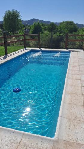 a blue swimming pool with a frisbee in it at CABAÑAS KUME in Potrero de los Funes