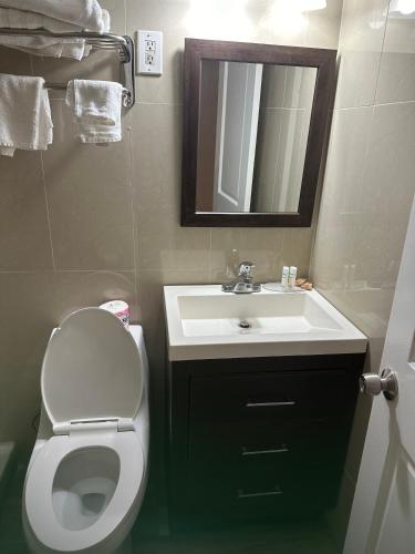 a bathroom with a toilet and a sink and a mirror at A-1 Budget Motel in Homestead