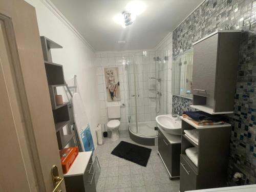 a bathroom with a shower and a toilet and a sink at Apartment Weinstraße in Ligist