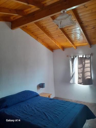 a bedroom with a blue bed with a wooden ceiling at Casa Juani in Quequén