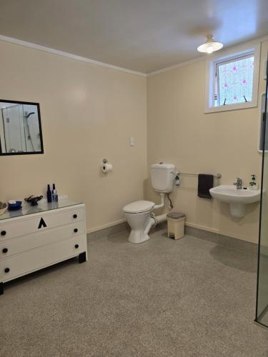 un baño con inodoro y lavabo en The Redbarn, en Turangi