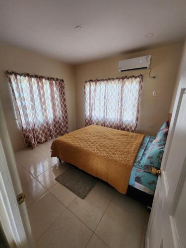a small bedroom with a bed and two windows at AG3K Oasis in Buccoo