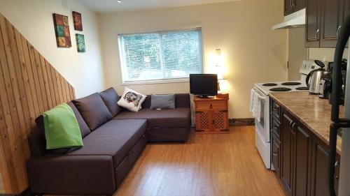 sala de estar con sofá en la cocina en Cozy Quiet Suite with Private Hot Tub with Ocean Views, en Nanaimo