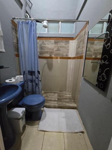 a bathroom with a blue toilet and a shower at Casita el Jardin in Nuevo Arenal