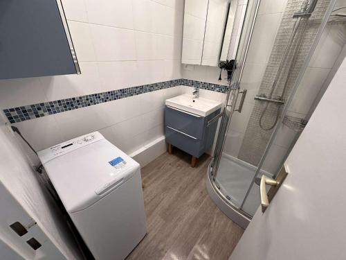 une salle de bain avec toilettes, lavabo et douche dans l'établissement Appartement 2 pièces climatisé avec parking, terrasse - Port Camargue - FR-1-731-110, au Grau-du-Roi