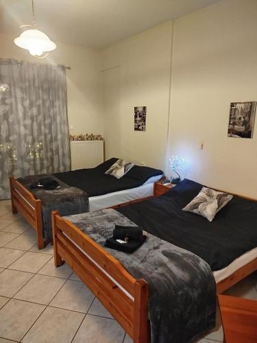 a bedroom with two beds and a window at AlenStudios in Paralia Katerinis