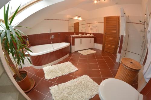 ein Badezimmer mit einer Badewanne und einem Waschbecken in der Unterkunft Apartmán Bílá Hora - Roudná in Pilsen