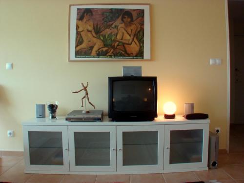 uma sala de estar com uma televisão num armário em Apartment João de Barros em Costa da Caparica