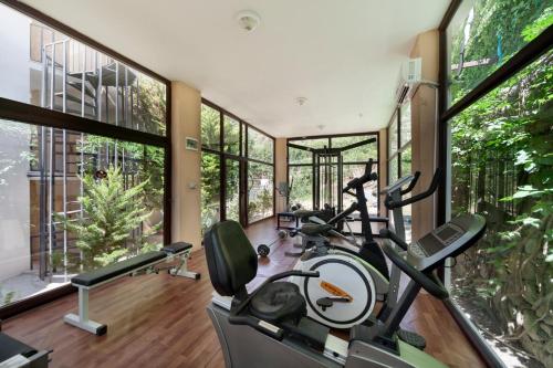 a gym with two exercise bikes in a room with windows at Crystal Hotel Bodrum in Gumusluk