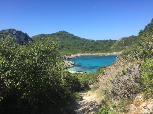 a view of a beach from a hill at Villa Bettina 1st floor in Afionas