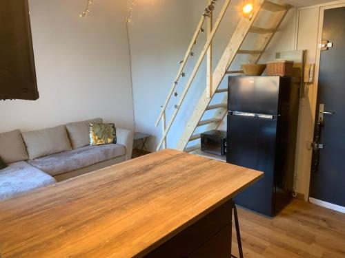 Il comprend une cuisine équipée d'un réfrigérateur et un canapé. dans l'établissement Appartement charme 5 personnes, à Saint Cyprien Plage