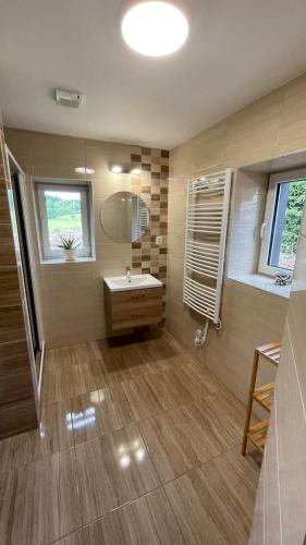 a bathroom with a sink and a mirror at Apartmány Novotný in Zdobnice