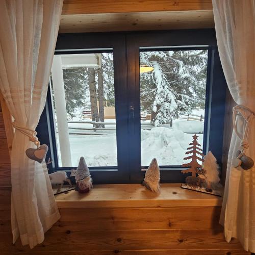 a window in a room with a snow covered yard at Black Lake Chalet in Žabljak