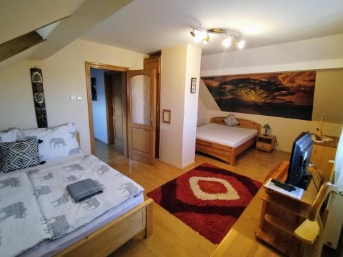 a bedroom with a bed and a tv in a room at Elza Apartman in Makó